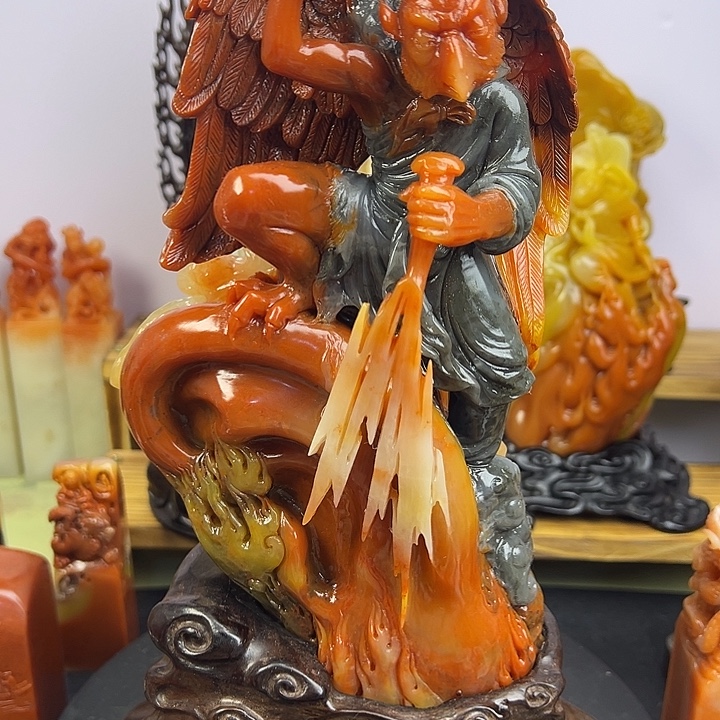 皮***️寿山石寿山石雷公摆件
