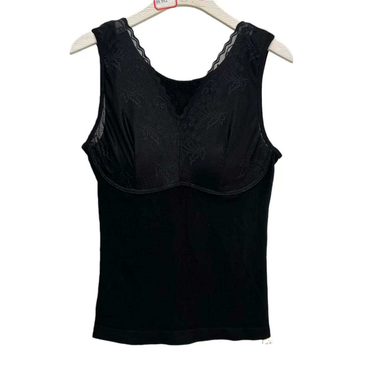 9237-大花边超热绒文胸背心（黑色）