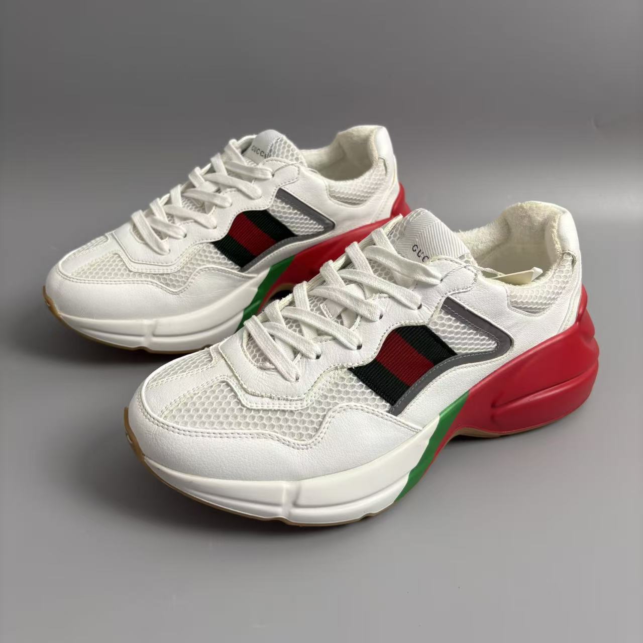 99新 GUCCI/古驰 红绿织物带网面拼接休闲老爹鞋39.5欧码 xh241