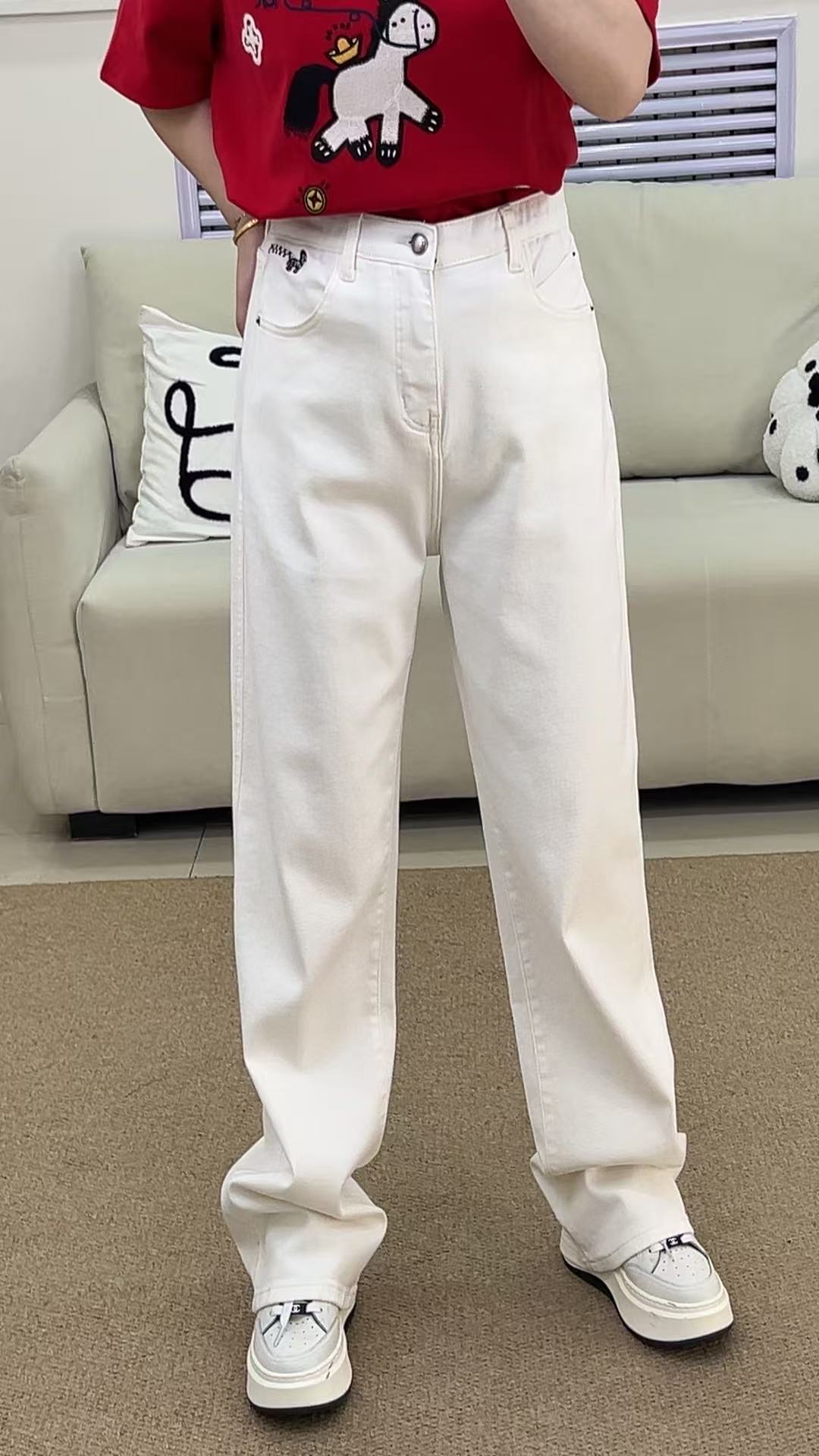 {莹莹推荐}8873冬季大码女装百搭米白色窄版直筒裤