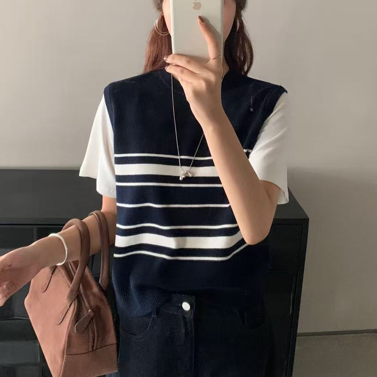 top.yuelan约澜M011针织衫女2025秋季短袖圆领条纹显瘦百搭毛衣韩