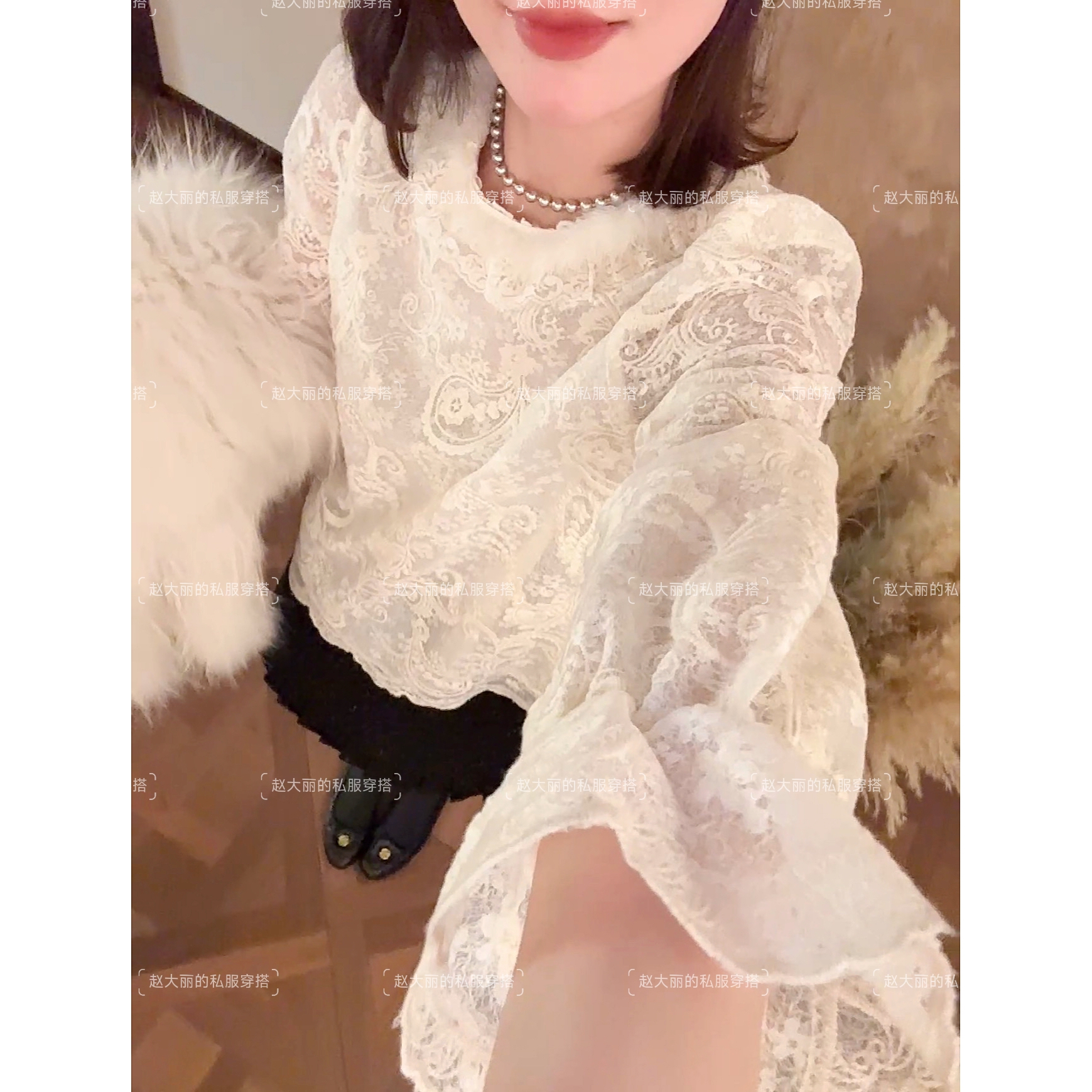 老赵服饰 甜美风圆领蕾丝喇叭袖衬衫上衣21AU5408