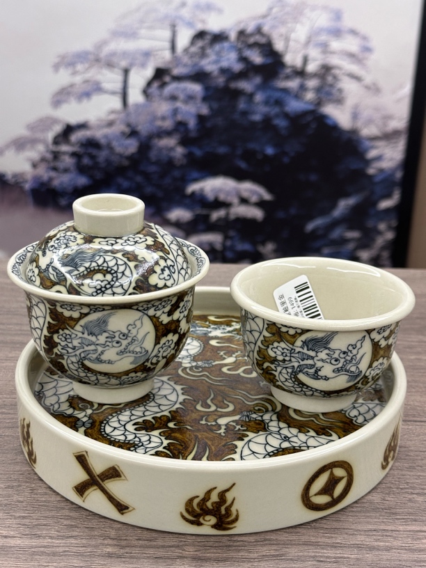 景德镇立勤堂手工手绘青花釉里金重工系列双龙望月陶瓷茶具套装