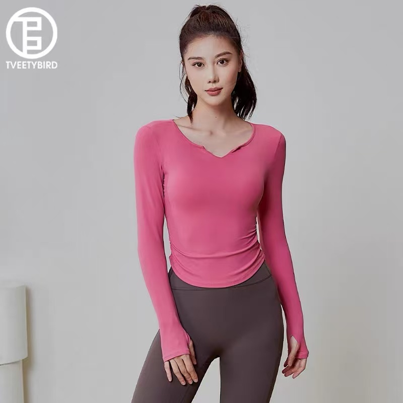 瑜伽服女上衣春季新款双层V领高级感速干修身健身长袖跑步运动T恤