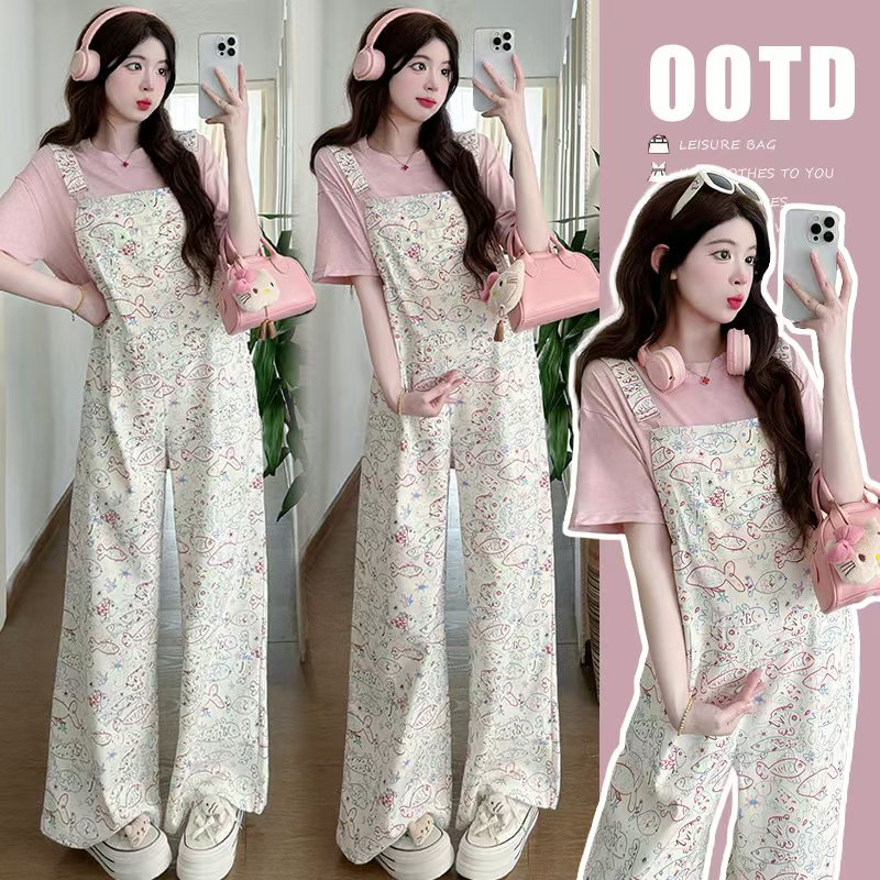 时尚孕妇背带裤春夏季新款涂鸦小鱼背带裤气质减龄韩版套装