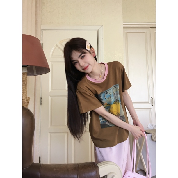 赵小小【女孩在路上】设计感时尚印花撞色领长袖亲肤t恤上衣27503