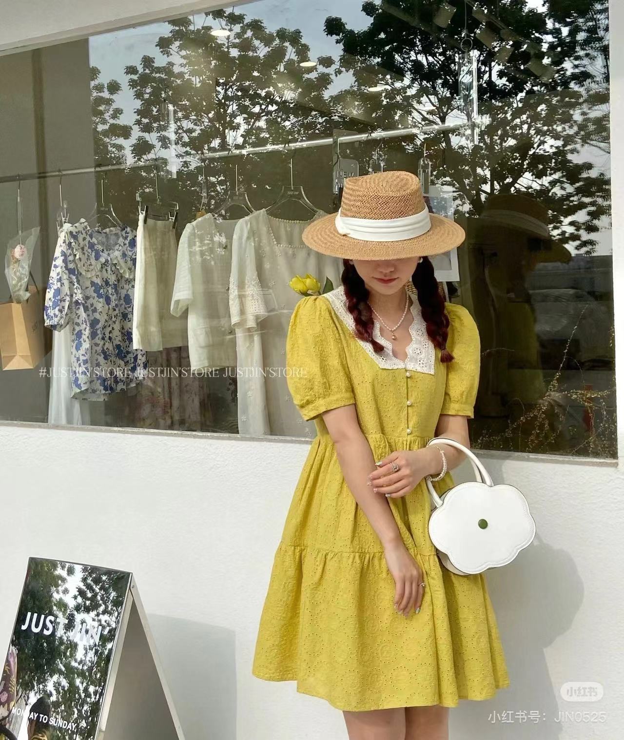 显瘦夏季泡泡袖甜美V领拼蕾丝A版连衣裙A2-8