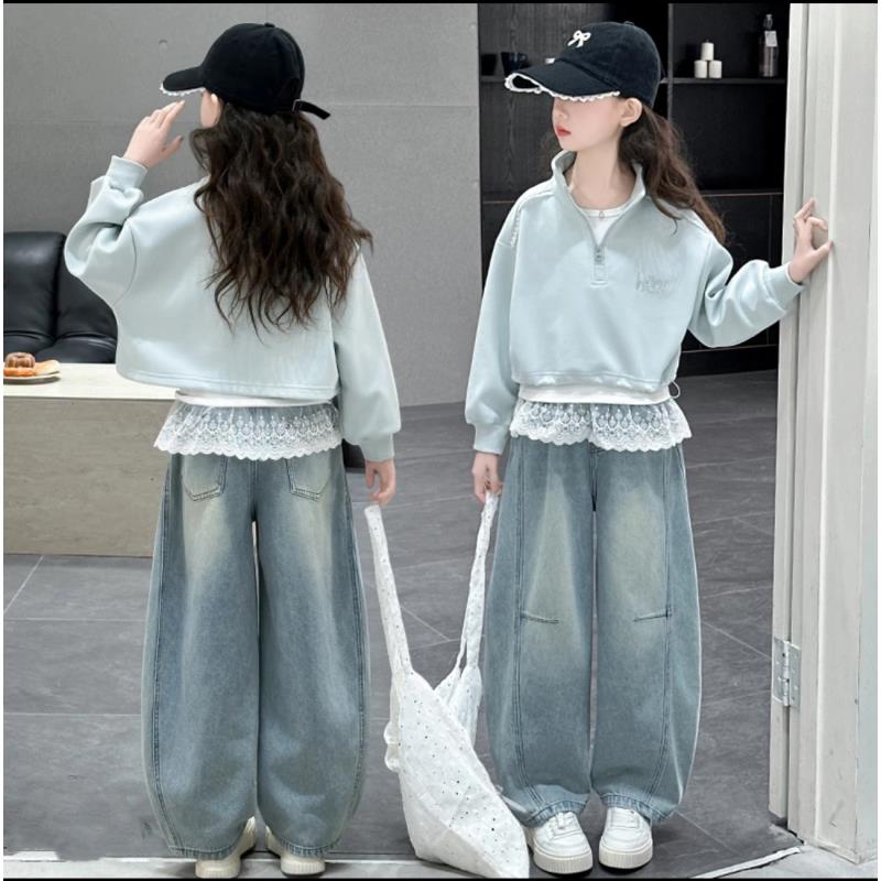 女童春装套装2025新款洋气女大童卫衣外套牛仔弯刀裤休闲三件套潮