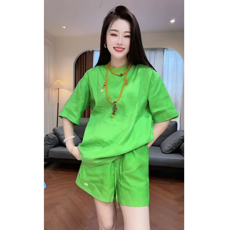 女王家潮牌 显白绿色简约时尚短袖短裤出游套装2025年百搭新款