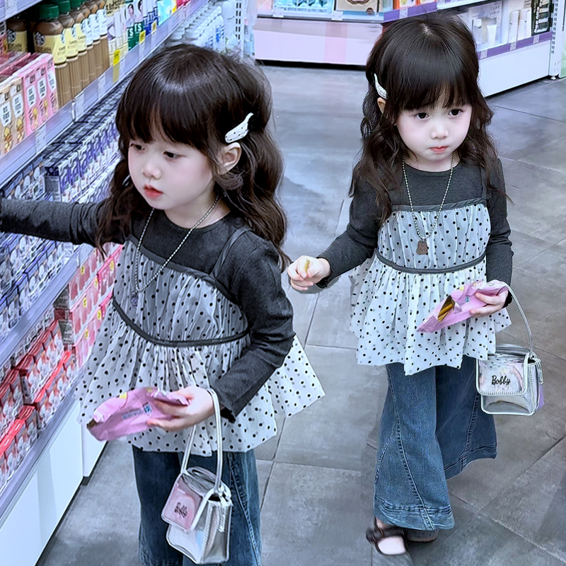 女童套装秋2025新款儿童洋气波点吊带打底衫两件套女孩牛仔直筒裤