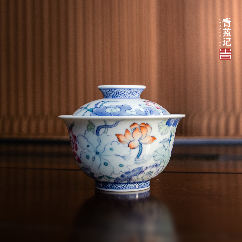 景德镇手工青花斗彩荷塘月色陶瓷纯手工盖碗（底款可定制）