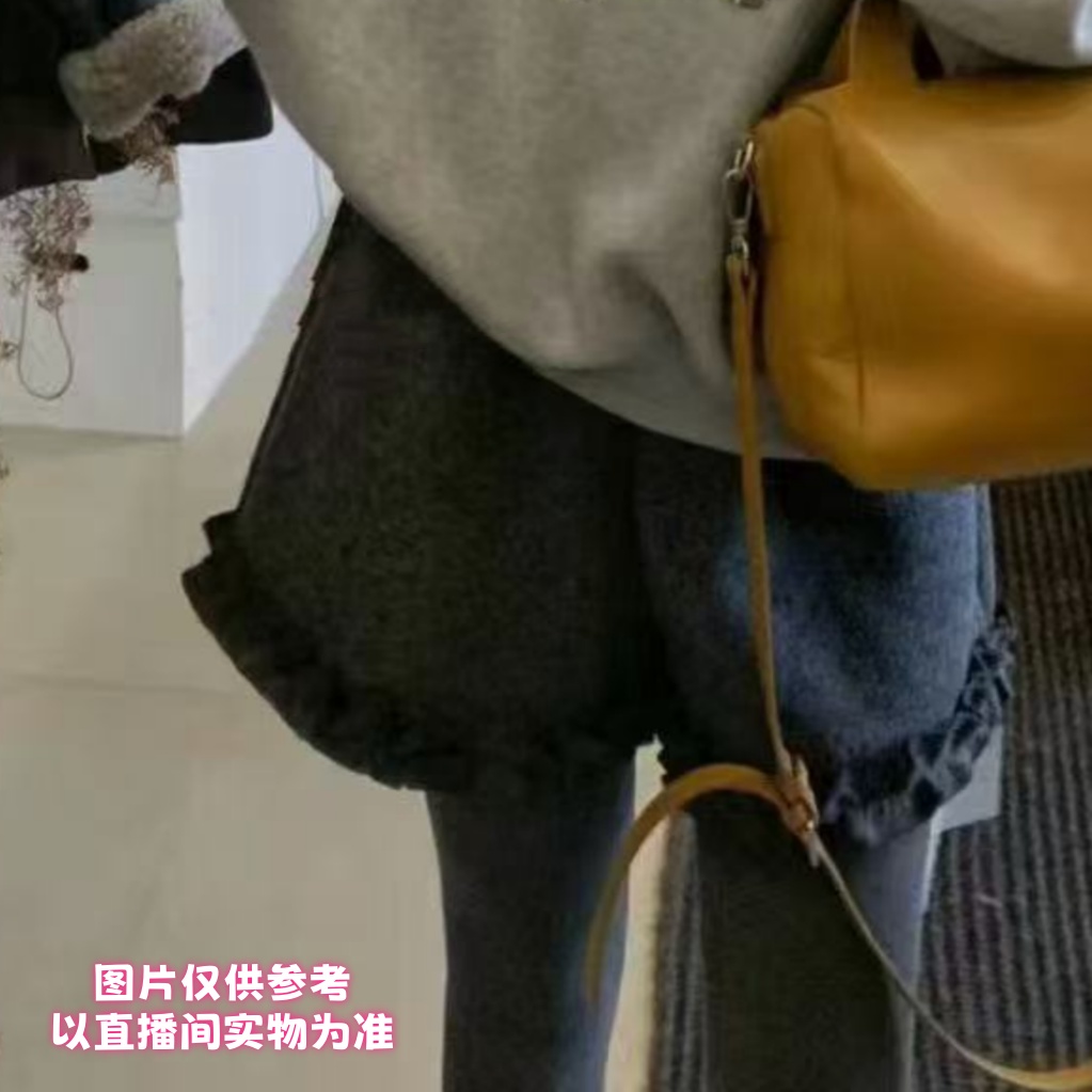 尚*秋冬加绒木耳边俩兜松紧腰短裤不规则设计感中高腰显瘦百搭