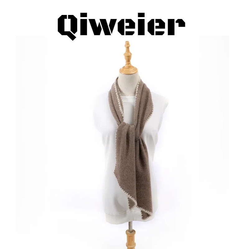Qiweier100%纯山羊绒围巾女士重工纯手工勾边秋冬