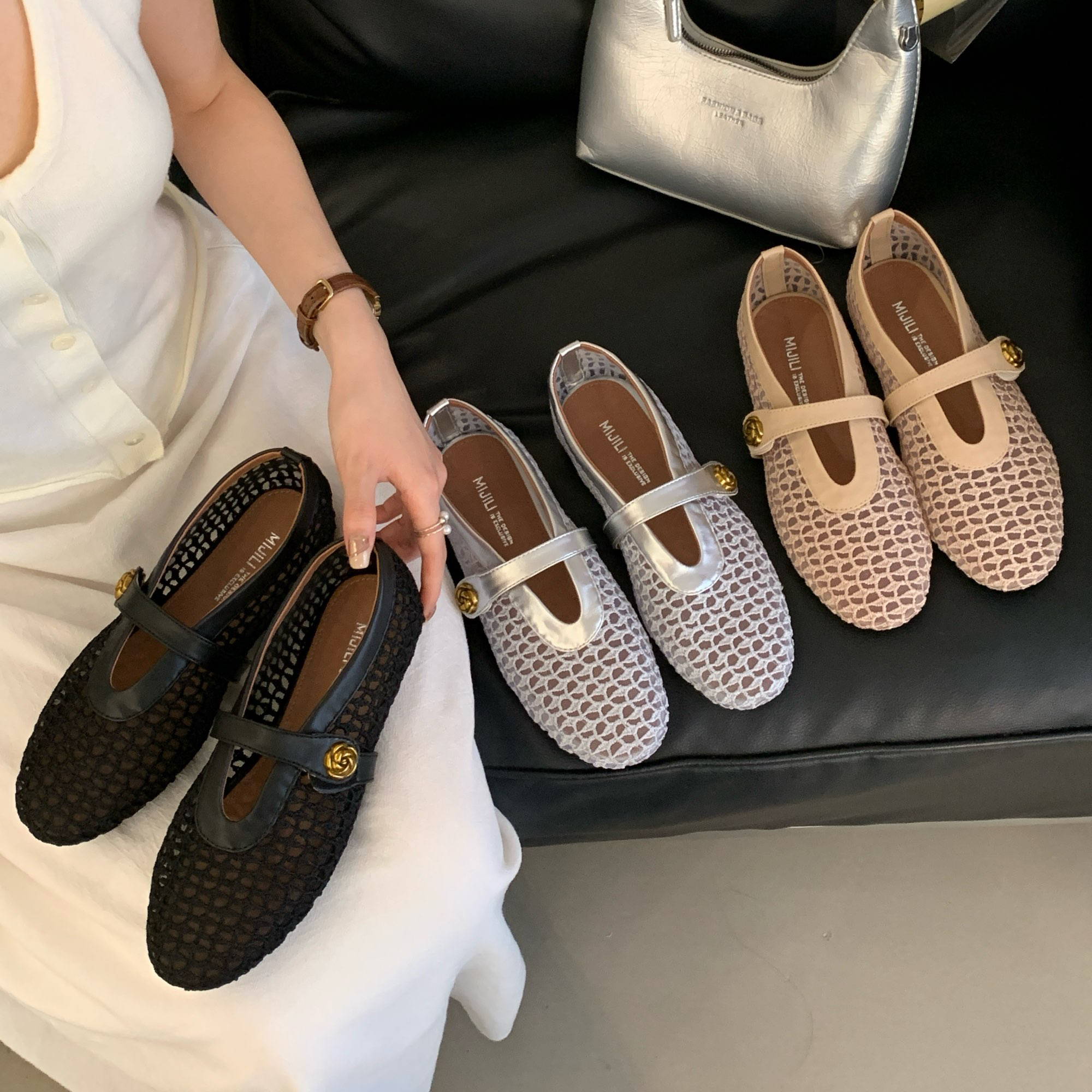 小香风法式浅口渔网纱镂空透气单鞋女夏季浅口玛丽珍凉鞋123-68