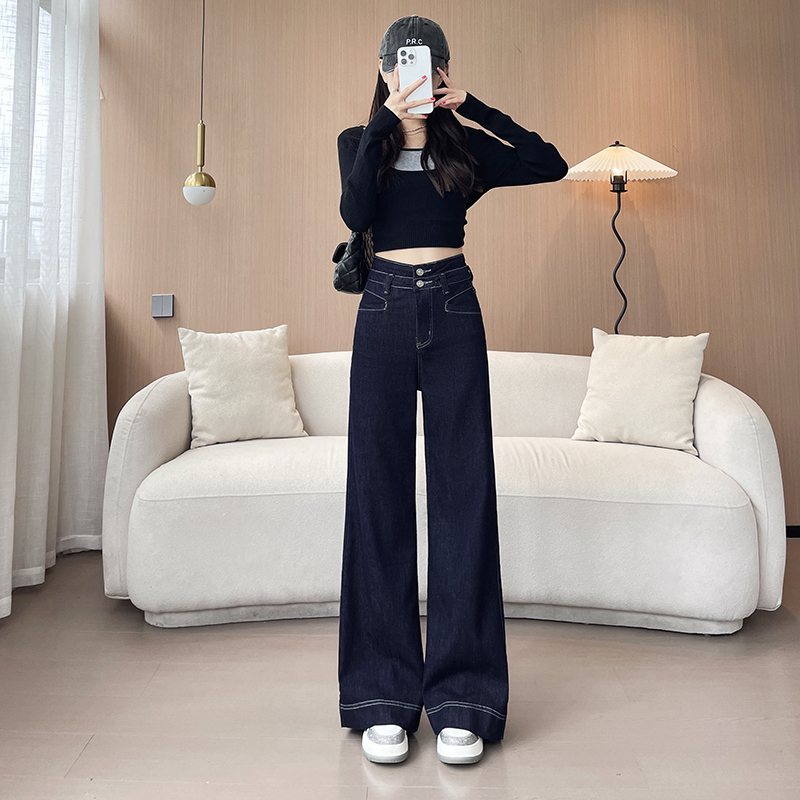 单裤/加绒原牛不褪色高腰阔腿喇叭牛仔裤女复古秋季宽松显瘦9725