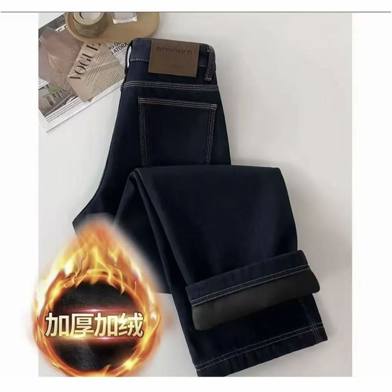 【现货+加绒加厚】三本针阔腿牛仔裤2025新款显瘦高腰窄版直筒裤