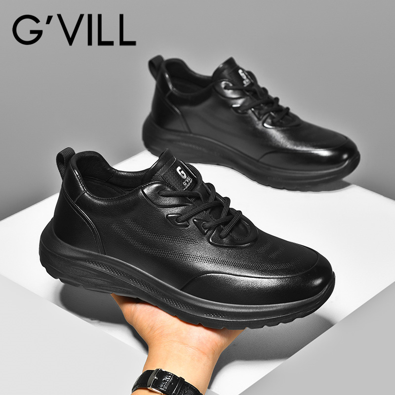 G'VILL/贵之步头层牛皮鞋男春季软底舒适免系带商务休闲男士皮鞋