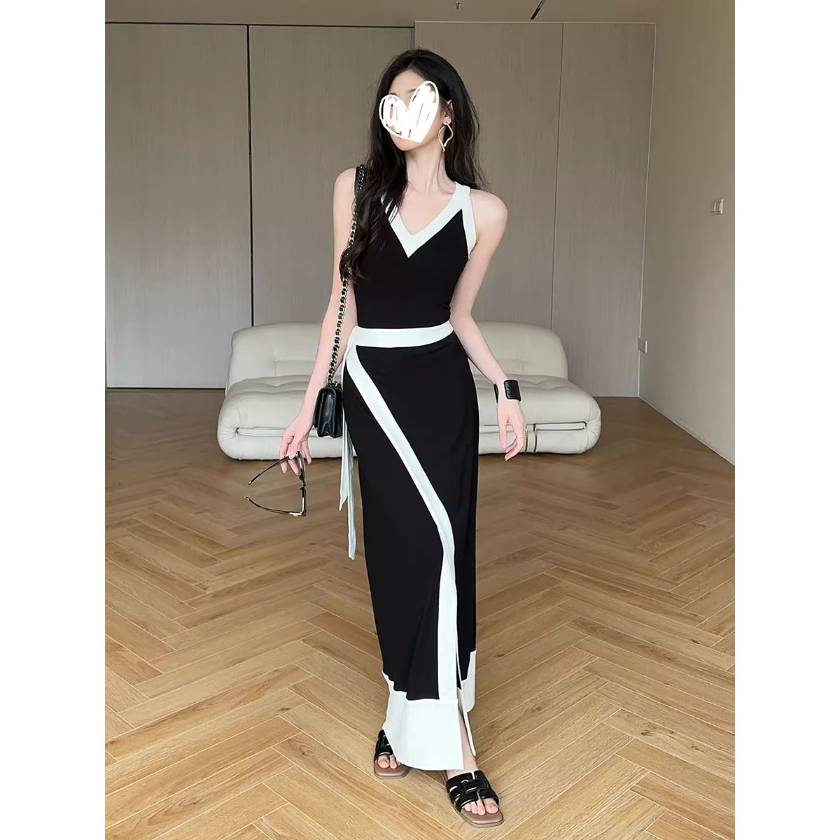 高级感撞色拼接吊带背心上衣女夏外穿修身显瘦开叉半身裙长裙套装