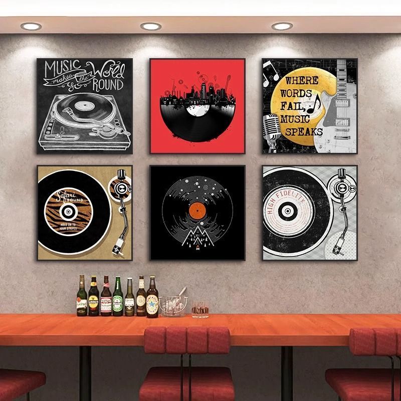 黑胶CD唱片儿童房装饰画个性复古酒吧音乐餐吧挂画工业风潮流壁画
