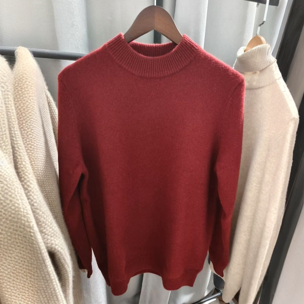 七针双股加厚男士100%山羊绒衫秋冬半高领套头红色保暖针织打底衫