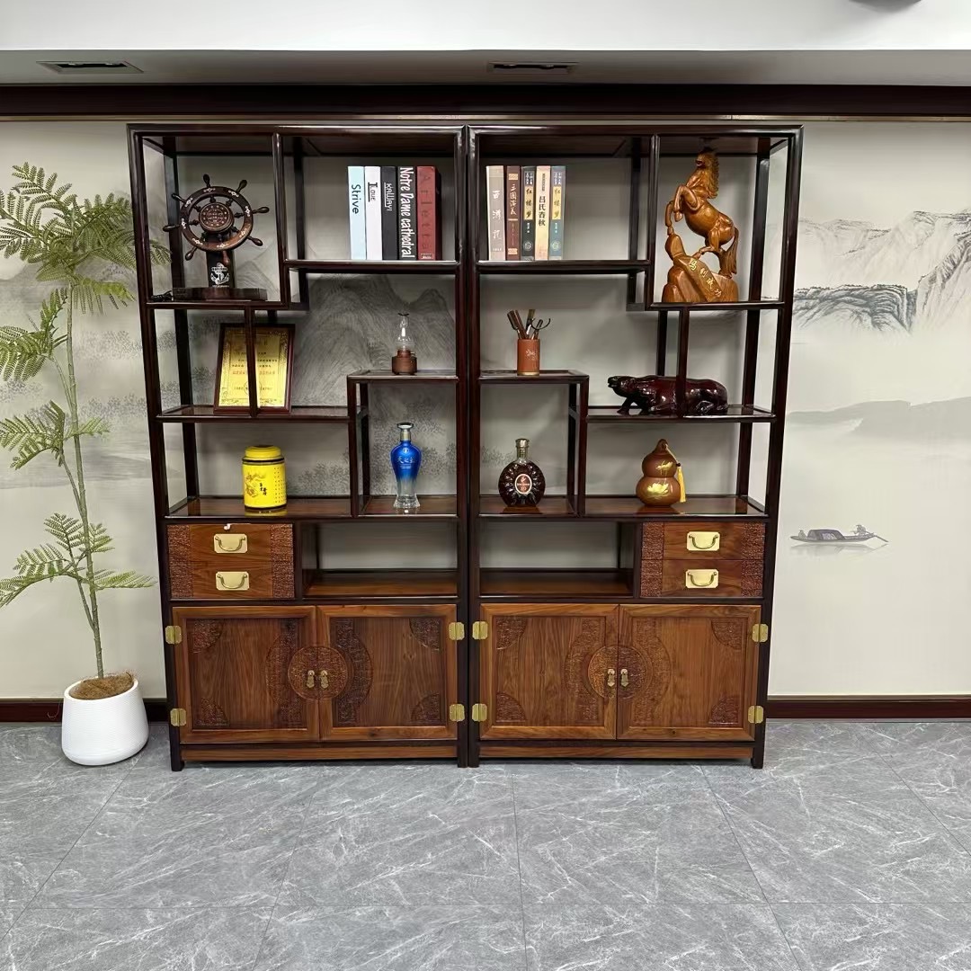 【红木家具】双抽博古架新中式刺猬紫T博古架多宝阁实木展示家具