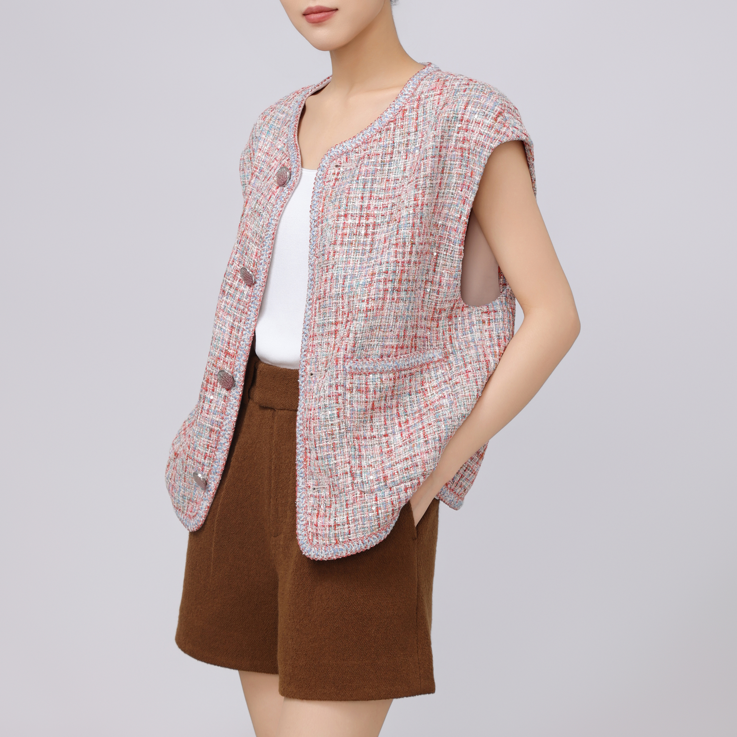 GIRDEAR/哥弟25新款设计感小香风气质时尚花呢马甲女外套1400791