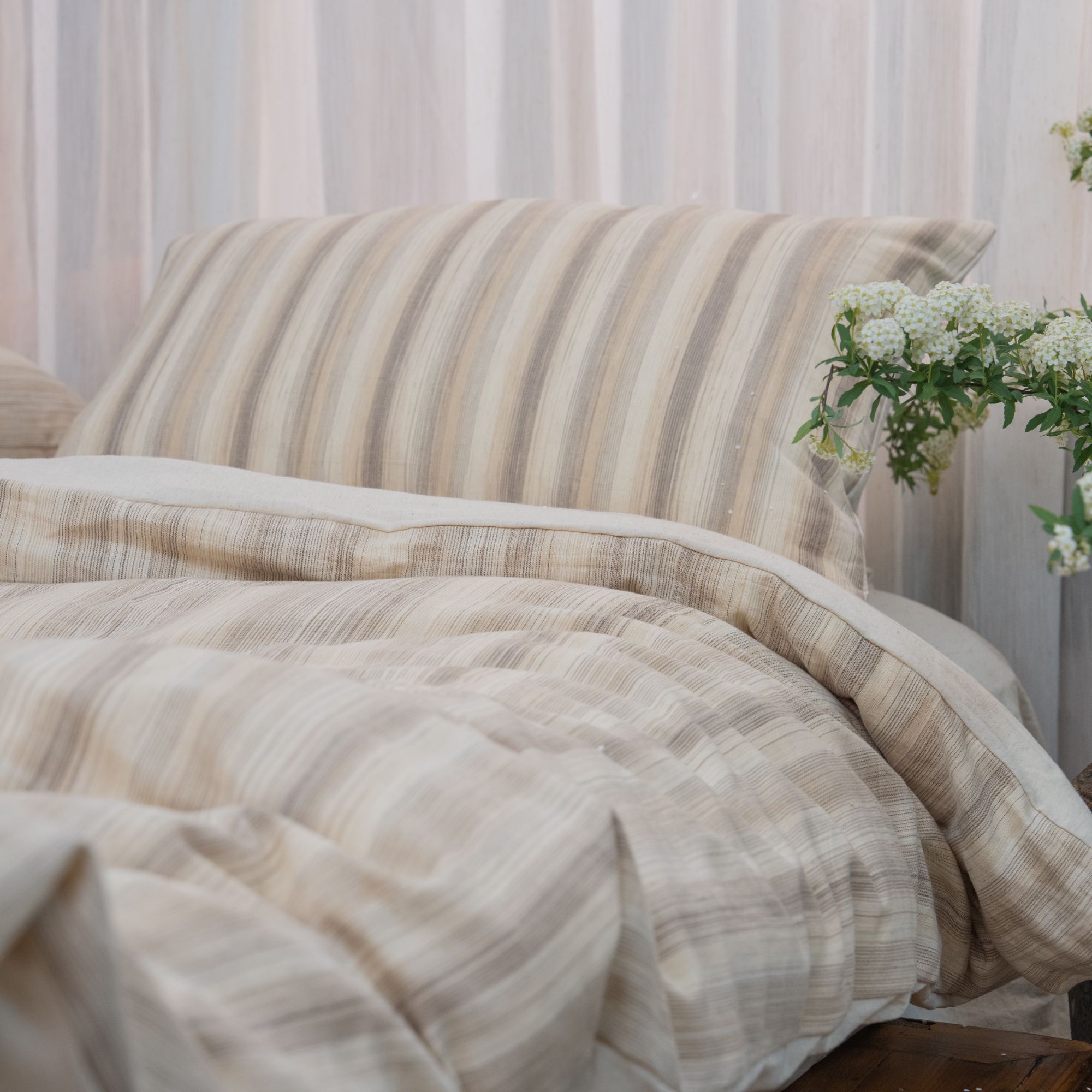 【四月安】日式复古棉麻四件套色织提花条纹简约透气床上用品