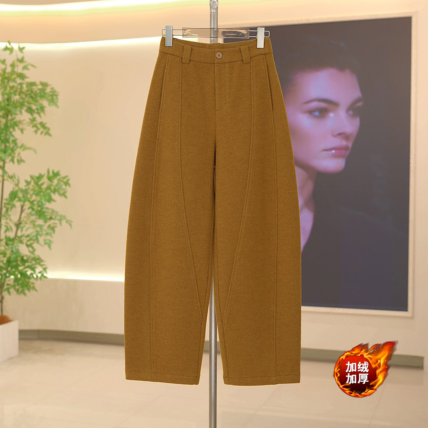 宽松微弹香蕉裤休闲裤百搭秋冬加绒高腰显瘦拼接褶皱