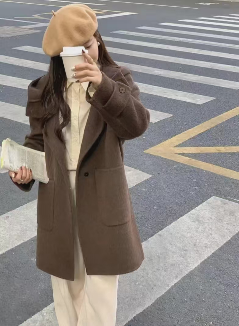 连帽法式宽松中长款羊毛大衣092