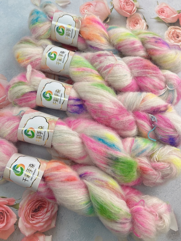 手染真丝马海毛真丝羊驼马海毛长毛马海毛渐变色扎染毛线玫瑰针织