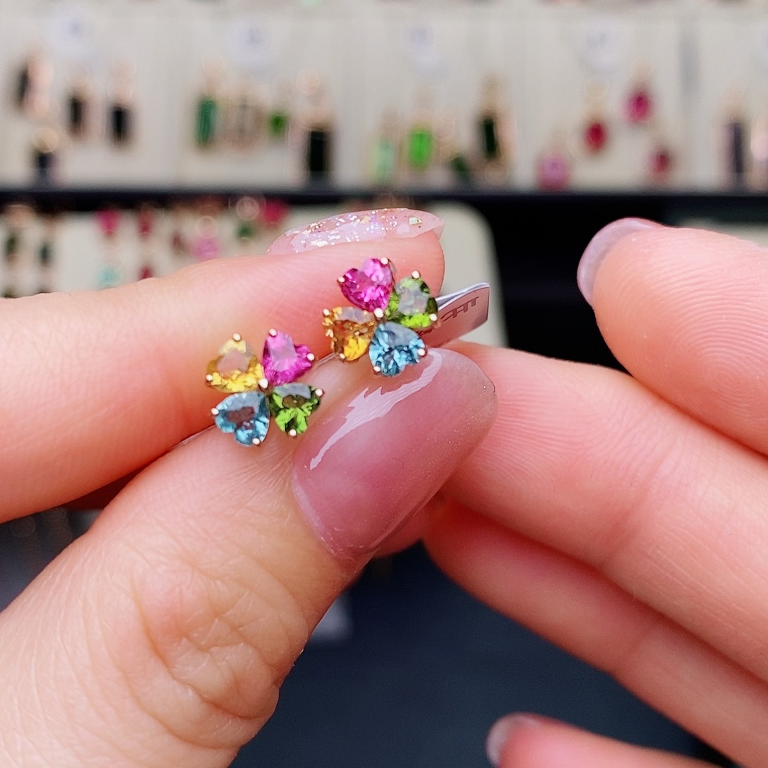 碧玺耳钉彩色18K金镶嵌