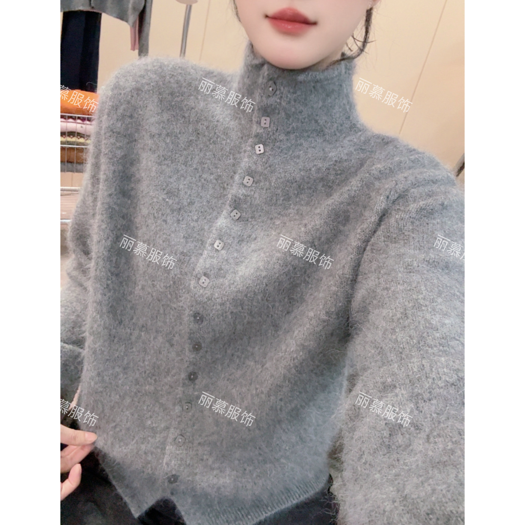 【浣熊小方扣】软糯半高领方扣保暖气质针织开衫上衣2258