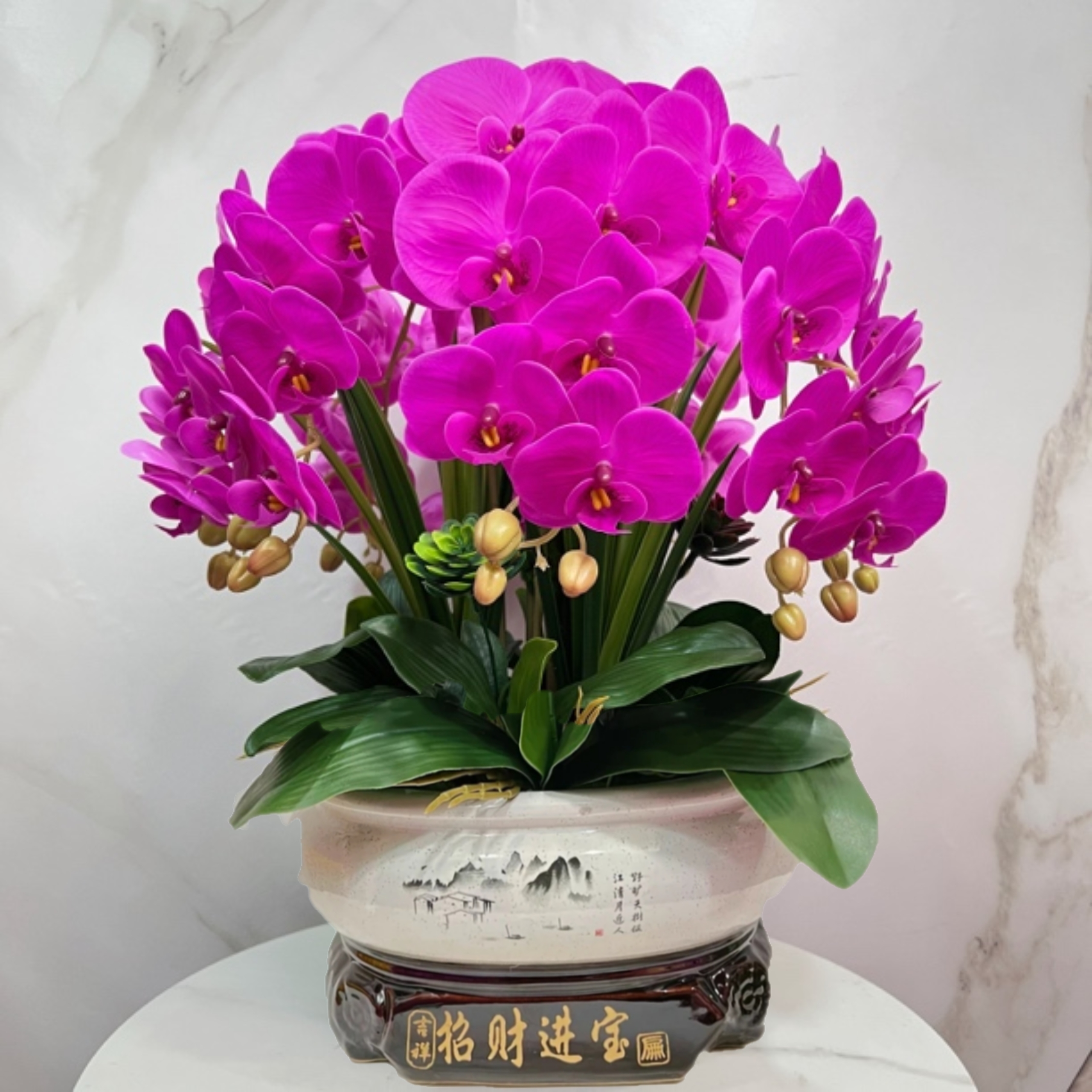 新款仿真蝴蝶兰假花3D过胶陶瓷花瓶插花花艺摆件大盆田园直播卖花