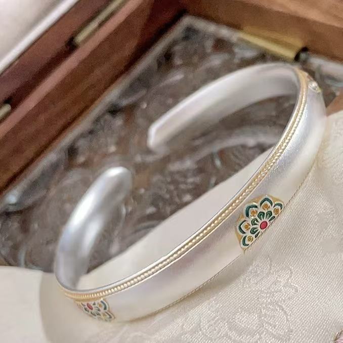 足银手镯 A001足银999.9【五朵宝相花】珐琅古法开口足银手镯新款