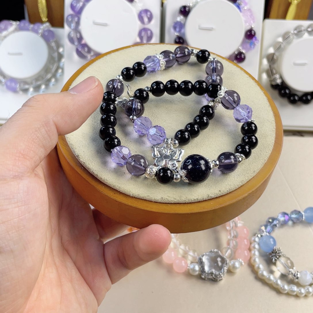 黑曜岩手饰银S925镀金镶嵌