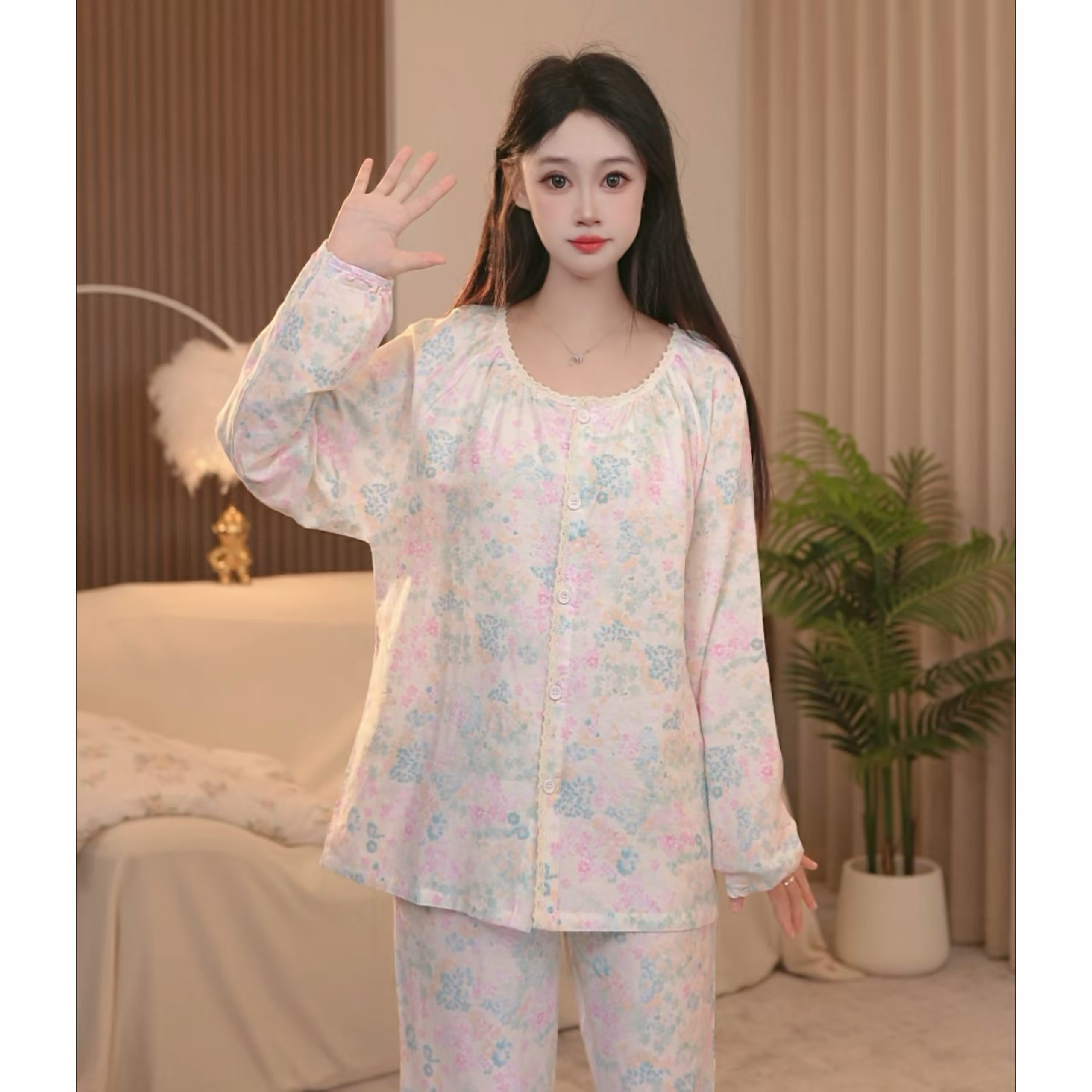 2025新品春秋季宽松轻奢碎花长袖大码女士睡衣家居服套装AFF