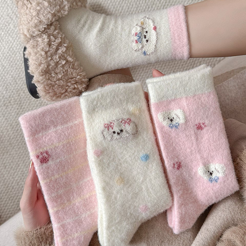 澳绒无骨粉色小狗条纹袜秋冬袜子女ins可爱卡通睡眠袜地板袜