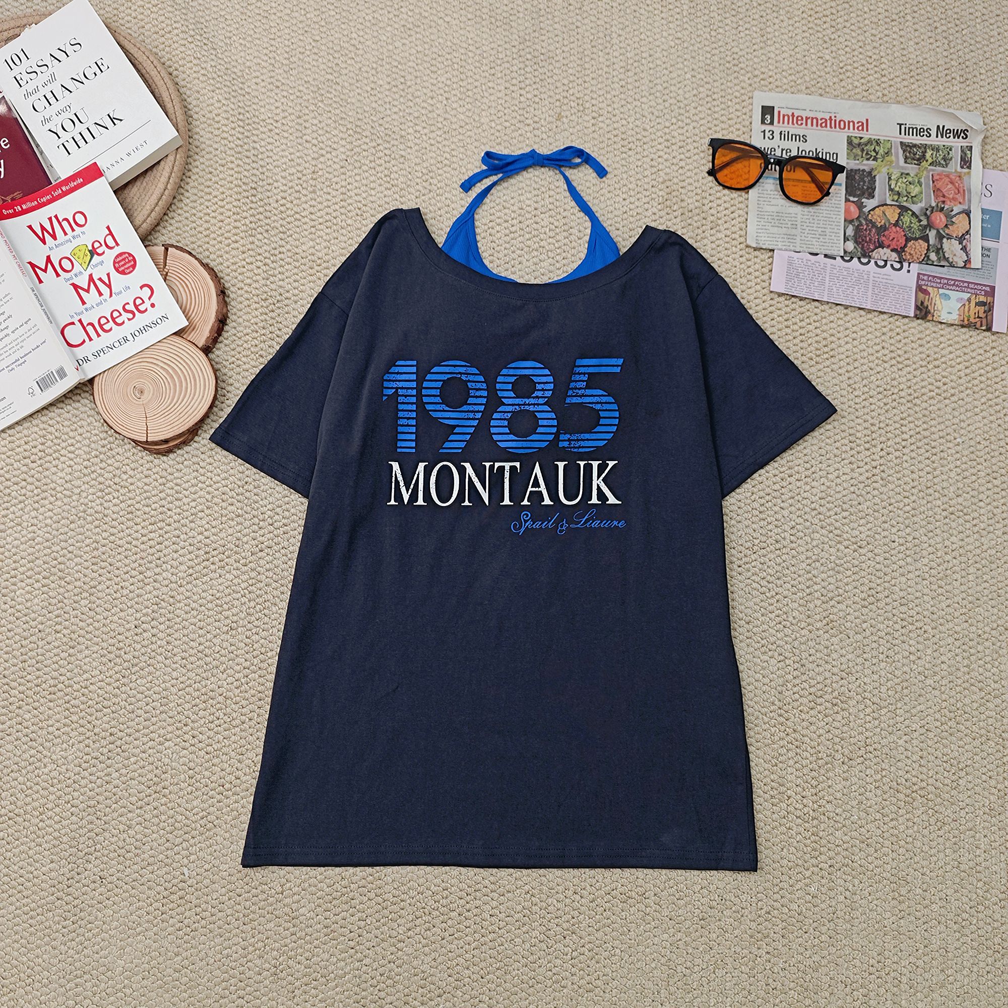 2025夏季新款休闲数字字母印花吊带短袖两件套T恤2748