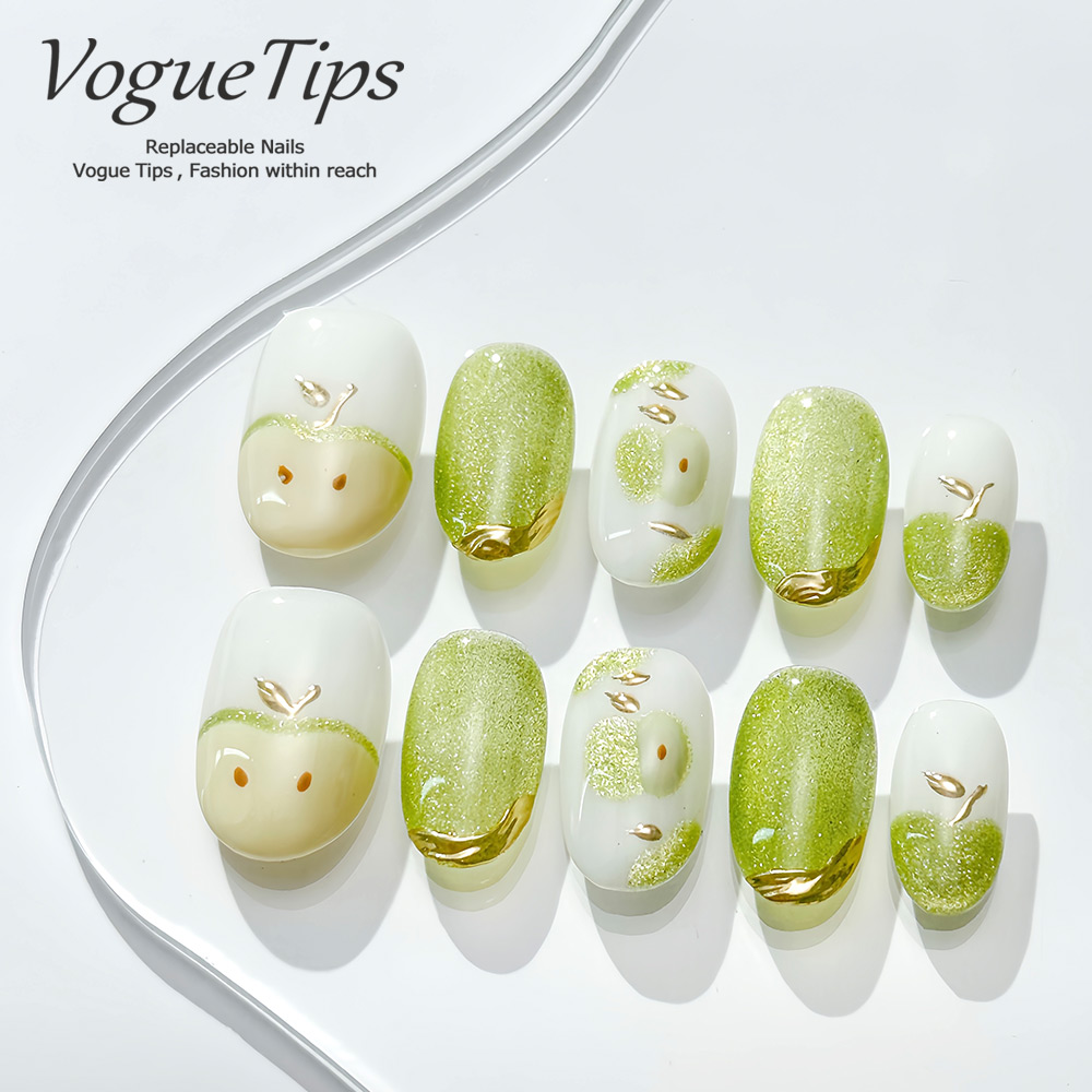 VogueTips 青苹果乐园穿戴甲夏日清新绿色显白手工美甲短圆ZB385