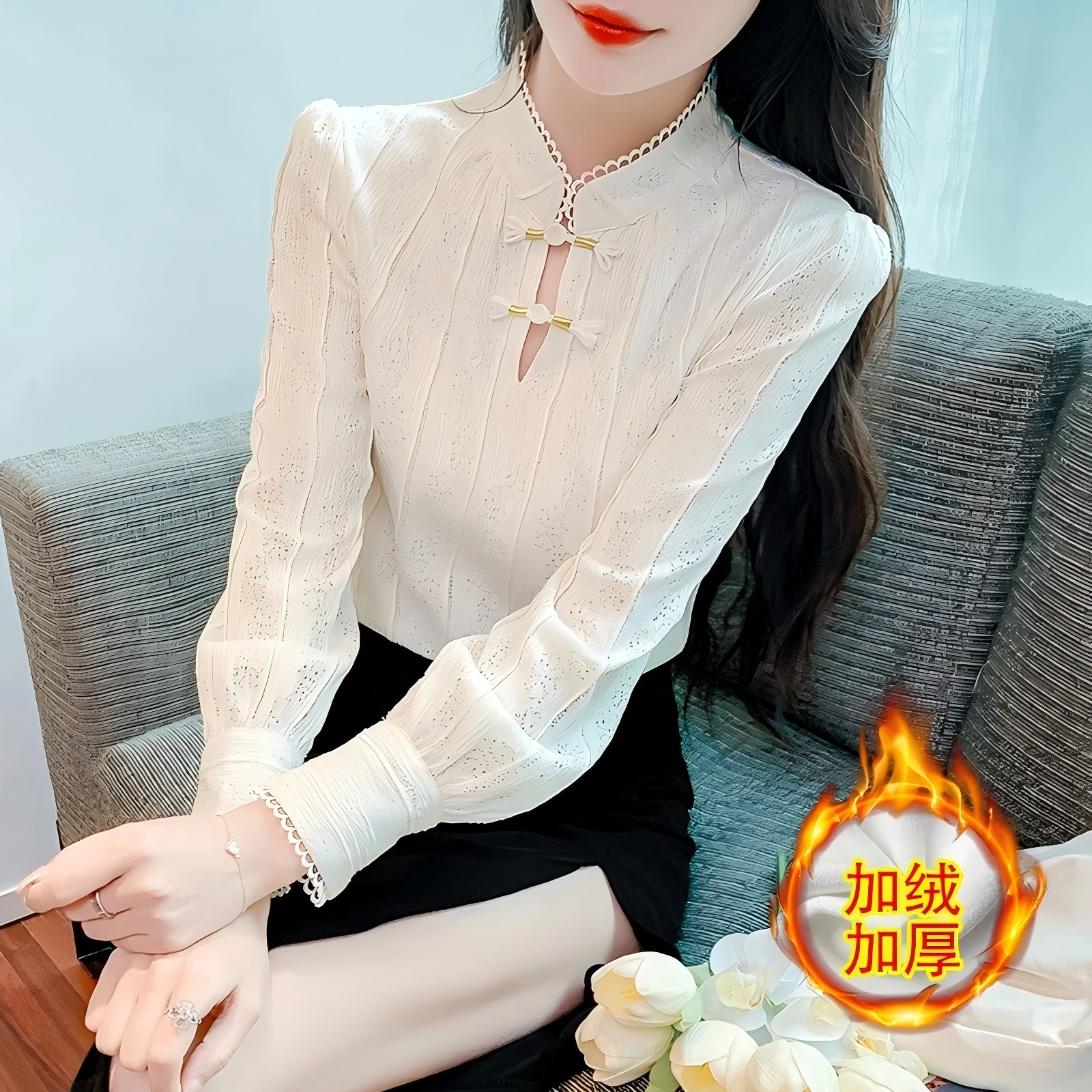 2025新中式复古立领盘扣衬衫女秋冬加绒内搭小衫洋气上衣