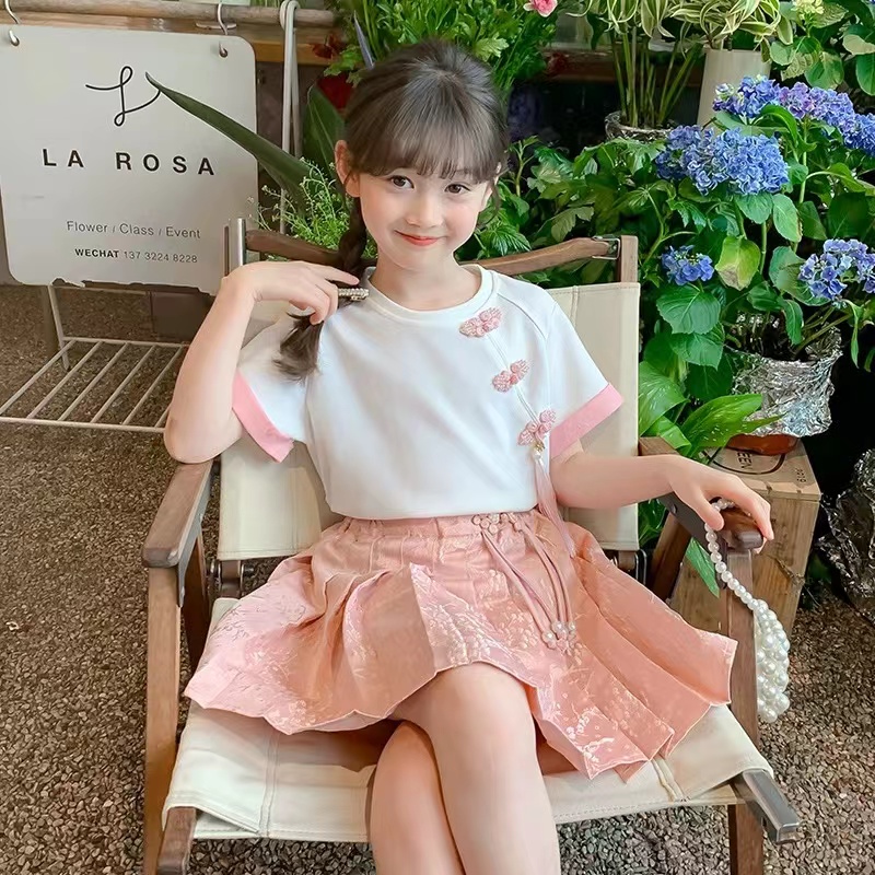 女童2025夏季新款国风圆领短袖T恤A4474