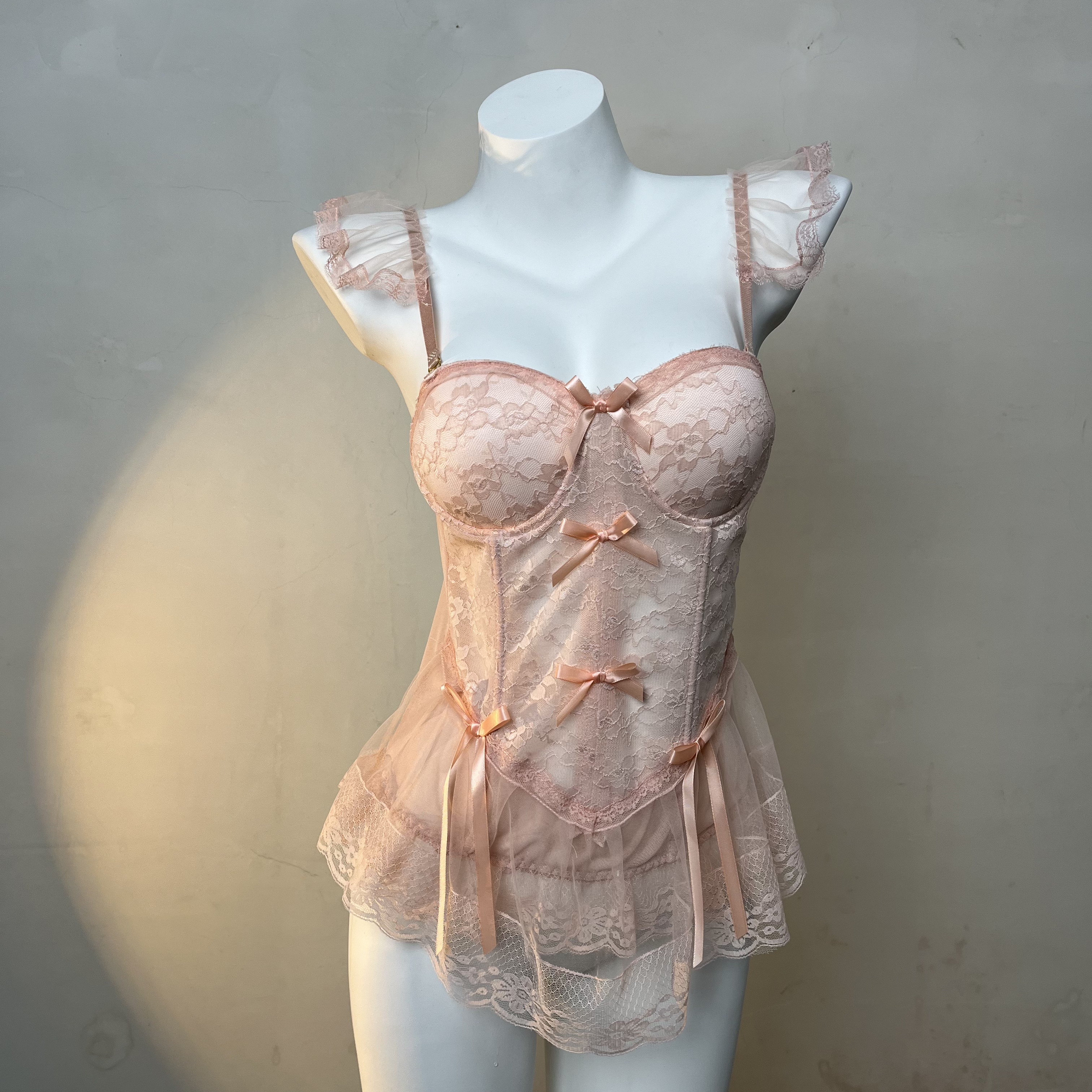 春日【均码80-130斤】新款睡衣蝴蝶结网纱蕾丝性感纯色连衣裙