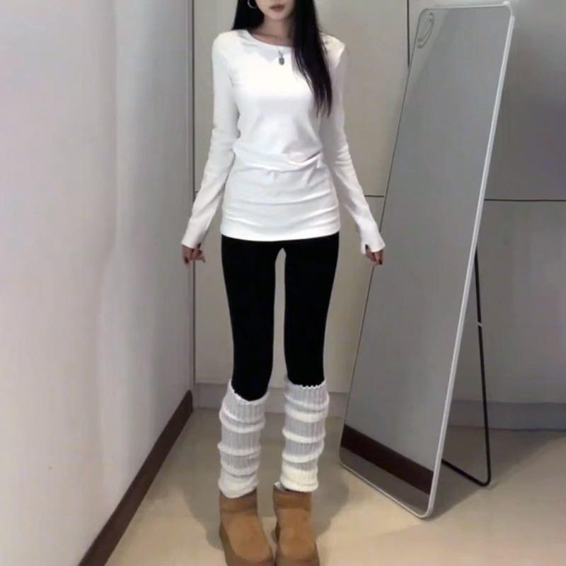 中长款白色圆领德绒打底衫女秋冬季修身超好看内搭可外穿长袖上衣