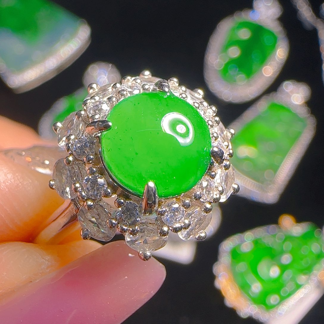 翡翠戒指银S925镶嵌天然