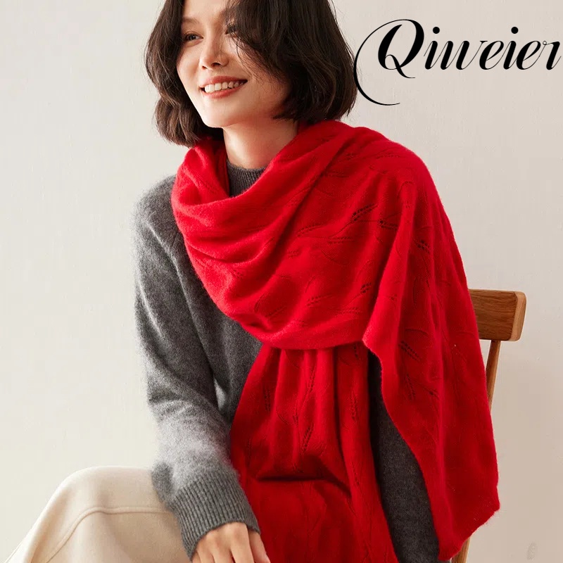 Qiweier/100%山羊绒围巾女士保暖针织镂空麦穗披肩秋冬纯色
