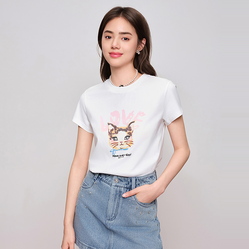 【陈大可专享】DOUBLOVE萌宠小白T简约猫咪刺绣T恤圆领