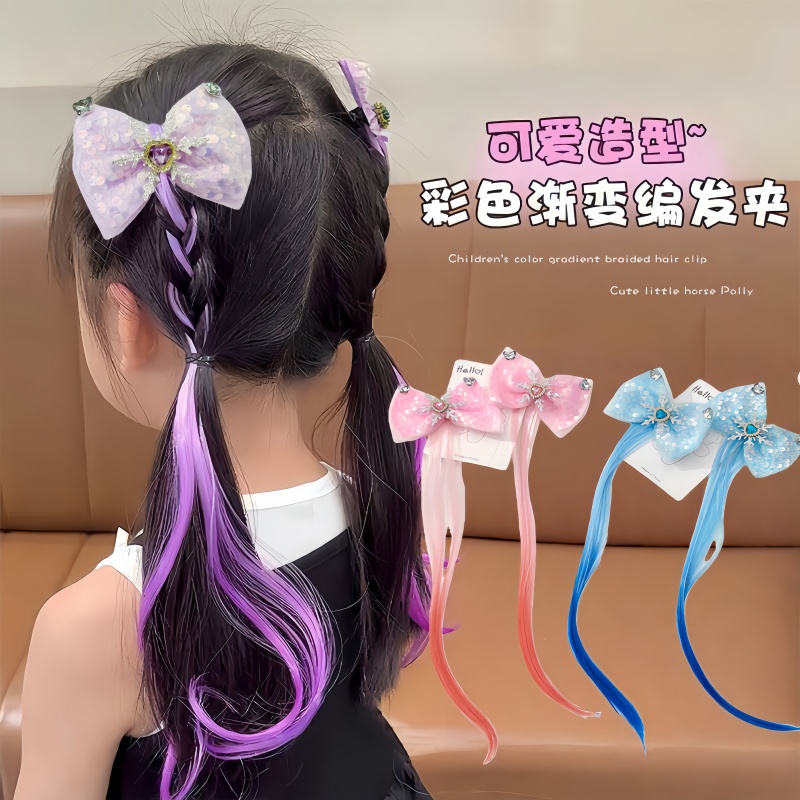 女童新款爱莎公主渐变色假发蝴蝶结发夹甜美可爱编发发卡儿童发饰