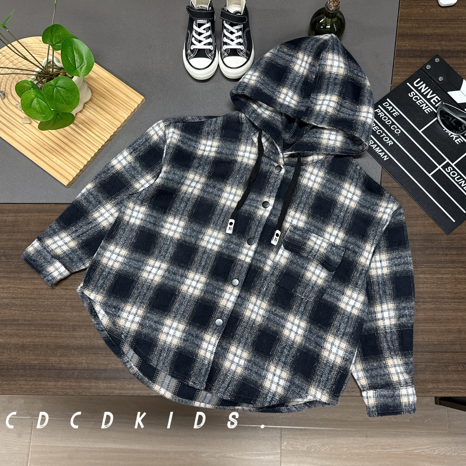 25357儿童秋装格子外套百搭韩版宽松长袖衬衣男女童连帽上衣