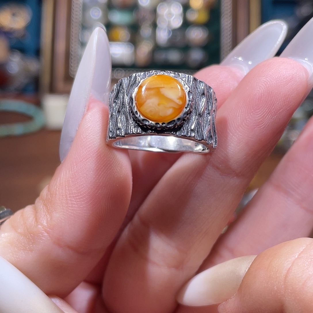 琥珀银S925镶嵌戒指戒指
