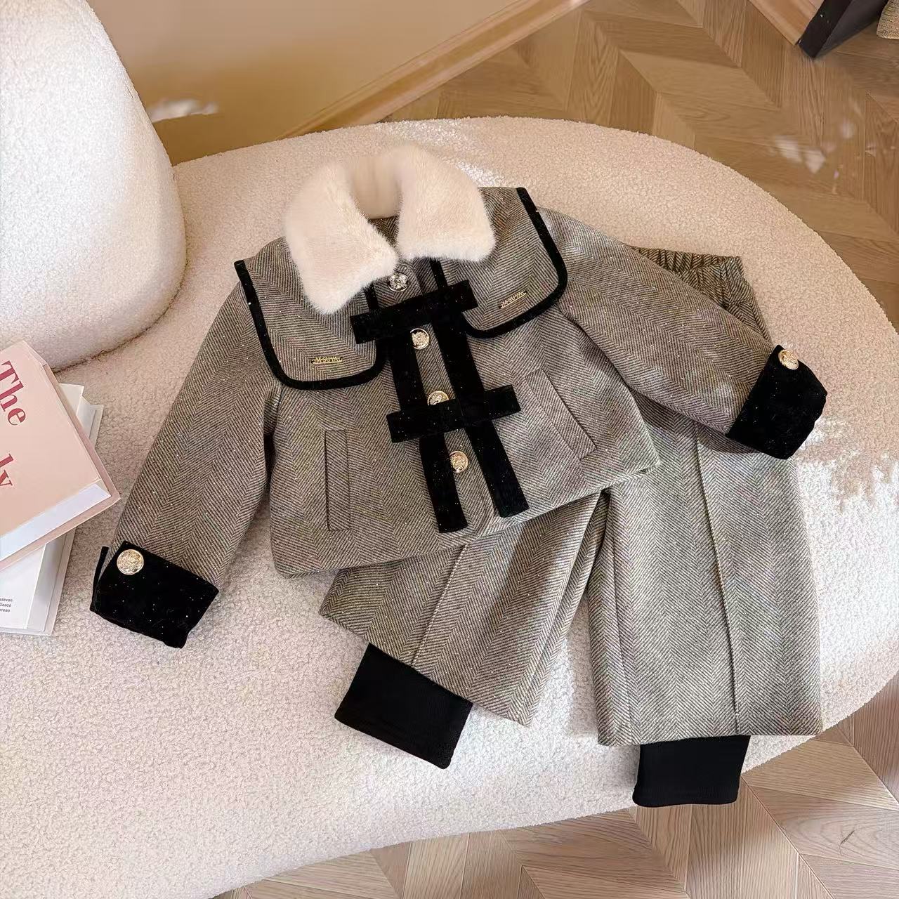 女童小香风套装2025秋冬季新款女宝宝时尚洋气外套长裤两件套